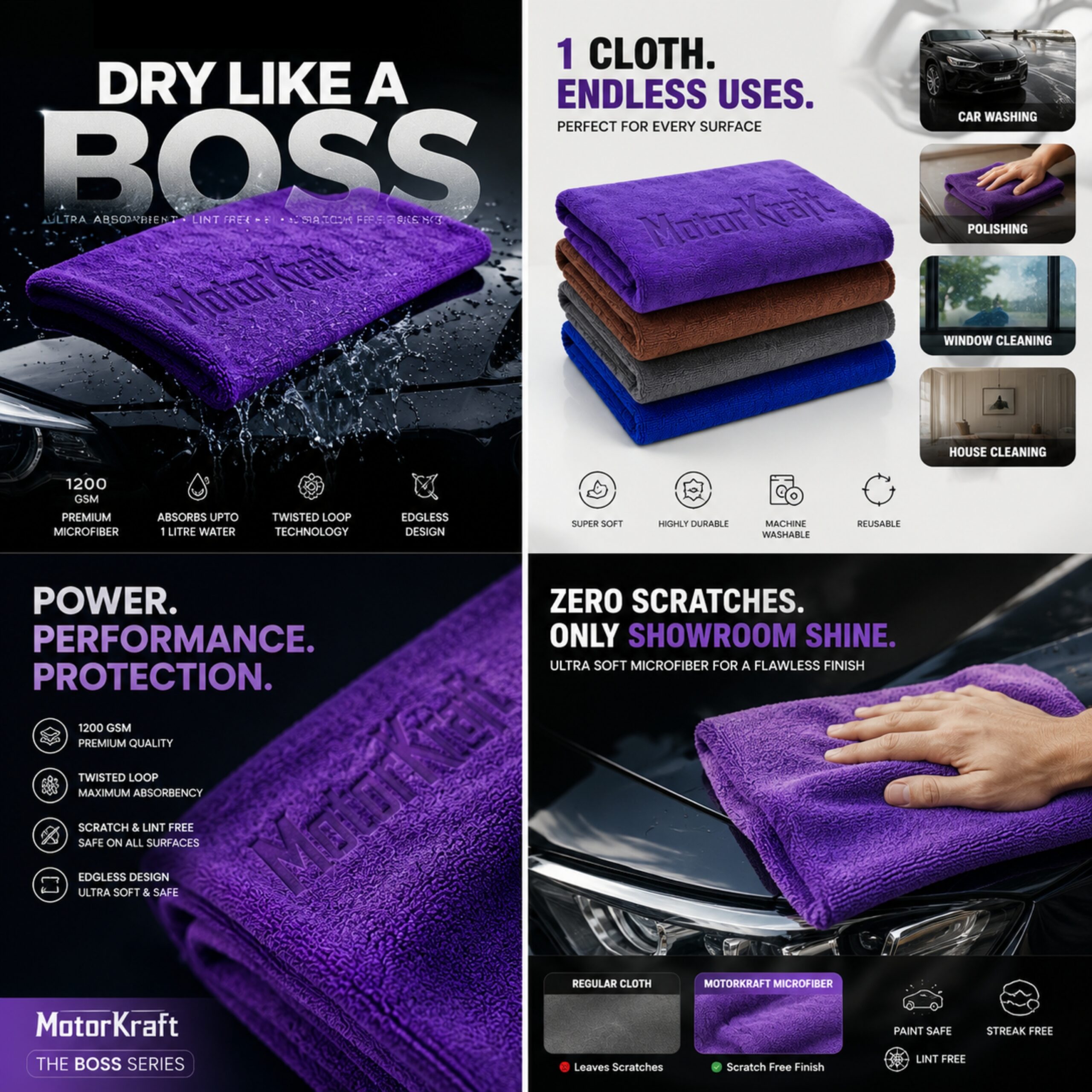 MotorKraft™ | The Boss Series Microfiber Cleaning Cloths | 40x60cm, 400GSM, Pack of 4 | Double Layered - Image 3