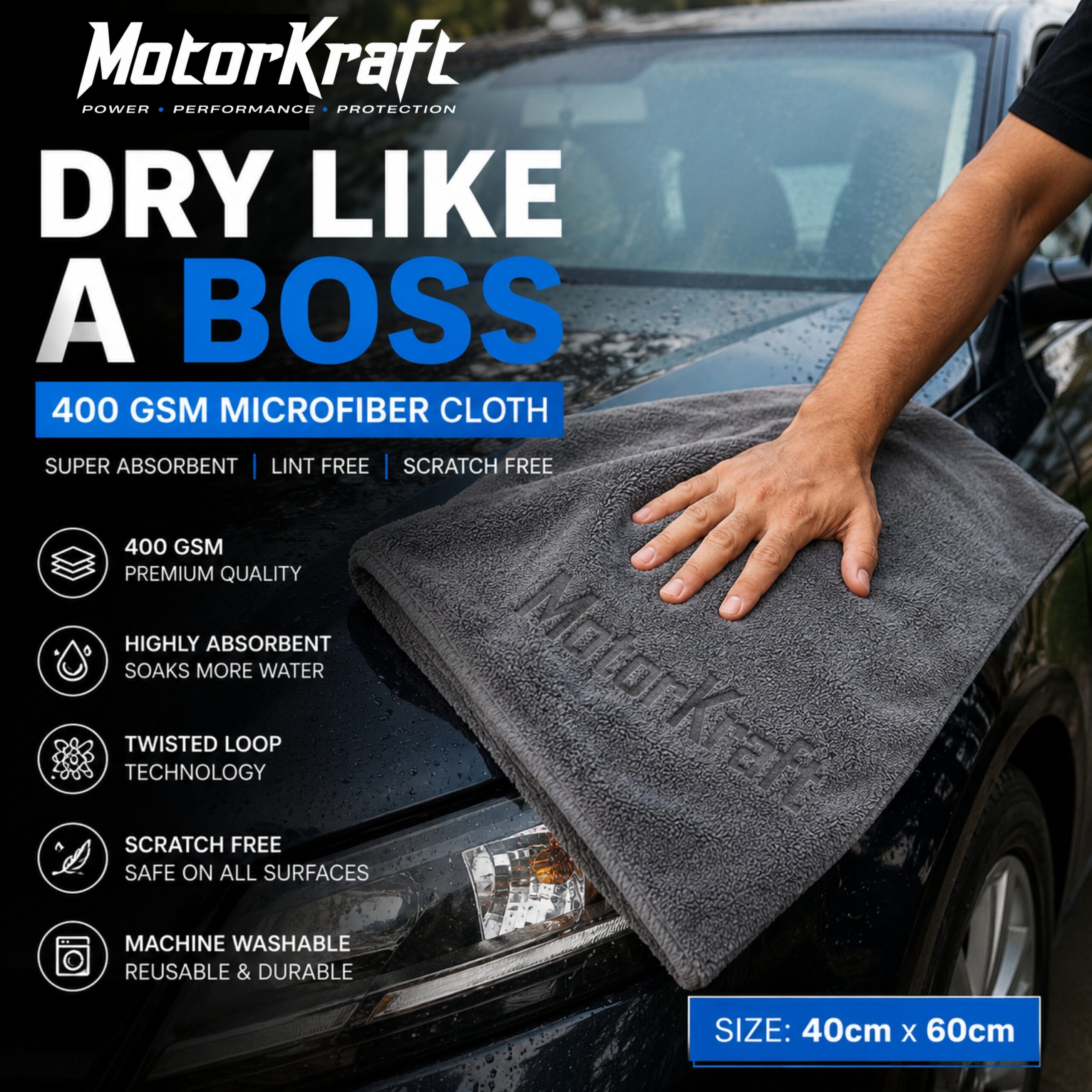 MotorKraft™ | The Boss Series Microfiber Cleaning Cloths | 40x60cm, 400GSM, Pack of 4 | Double Layered - Image 2