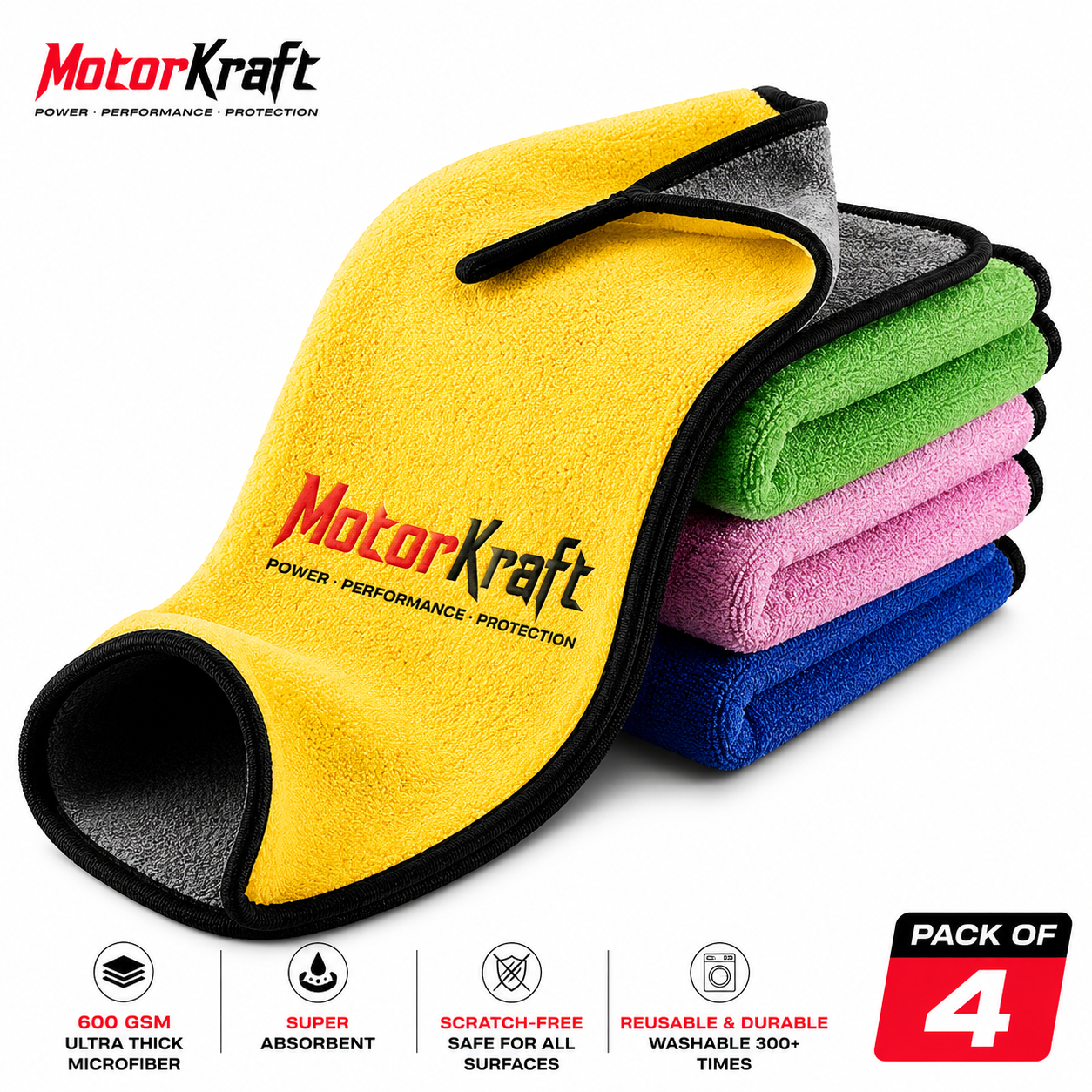 MotorKraft™ | The Boss Series Microfiber Cleaning Cloth | 600 GSM | 40X40, Pack of 4 | Multi Coloured - Image 2